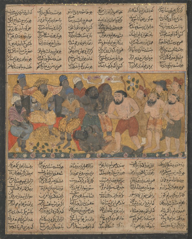 Bahram Gur démontrant sa prouesse en lutte à la cour de Shangul, vers 1300-1330 - Unbekannt