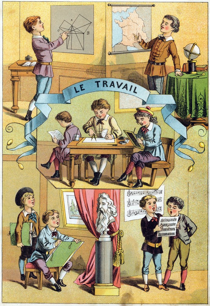 Travail en classe. Gravure dans « Alphabet des petits écoliers ». Imagerie d