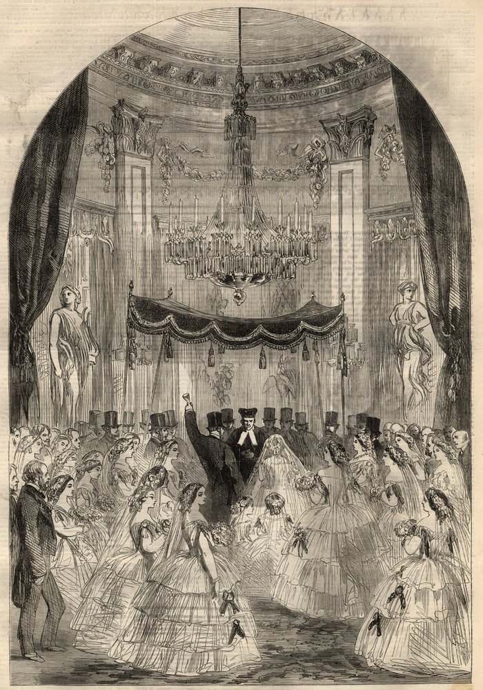Mariage du baron Alphonse de Rothschild (1827-1905) et de Léonora de Rothschild (1837-1911). Le marié apprend à jeter un verre par terre, la dernière étape d