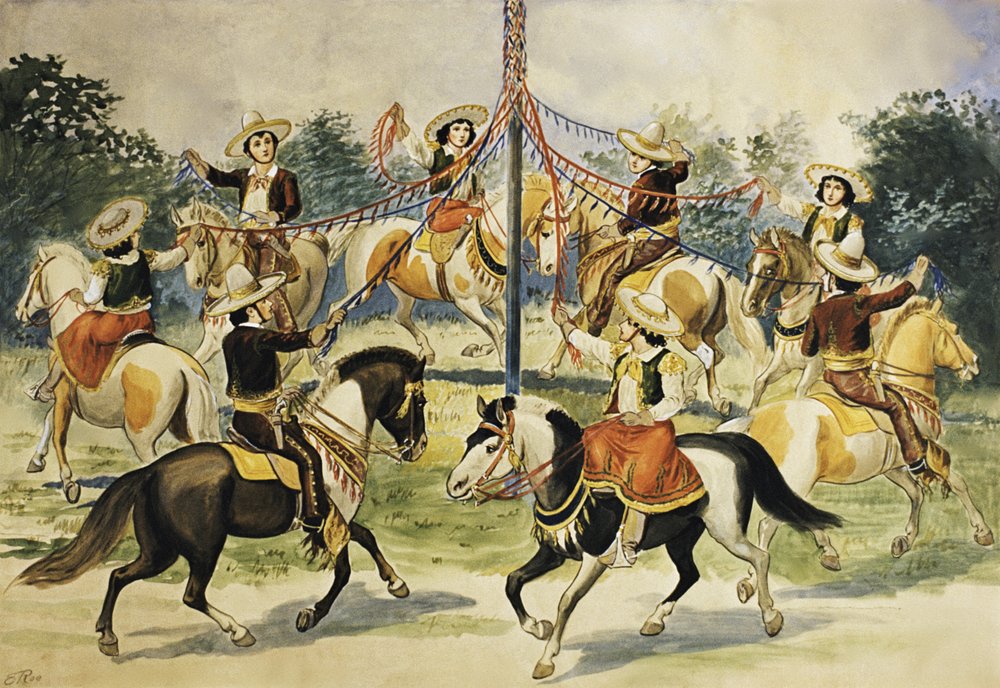 Affiche vintage de cavaliers enroulant des rubans autour d