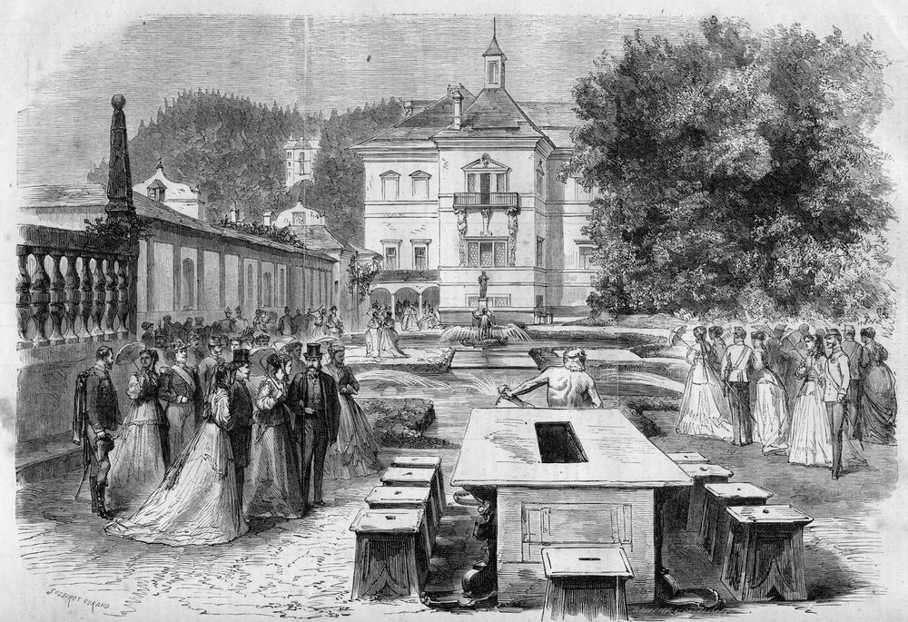 Visite de l'empereur François-Joseph (1830-1916) et de l'impératrice Élisabeth d'Autriche (Sissi) (1837-1898), avec Eugénie (1826-1920), impératrice des Français, et Napoléon III à la résidence impériale de Hellbrunn en Autriche le 21 août - Unknown artist