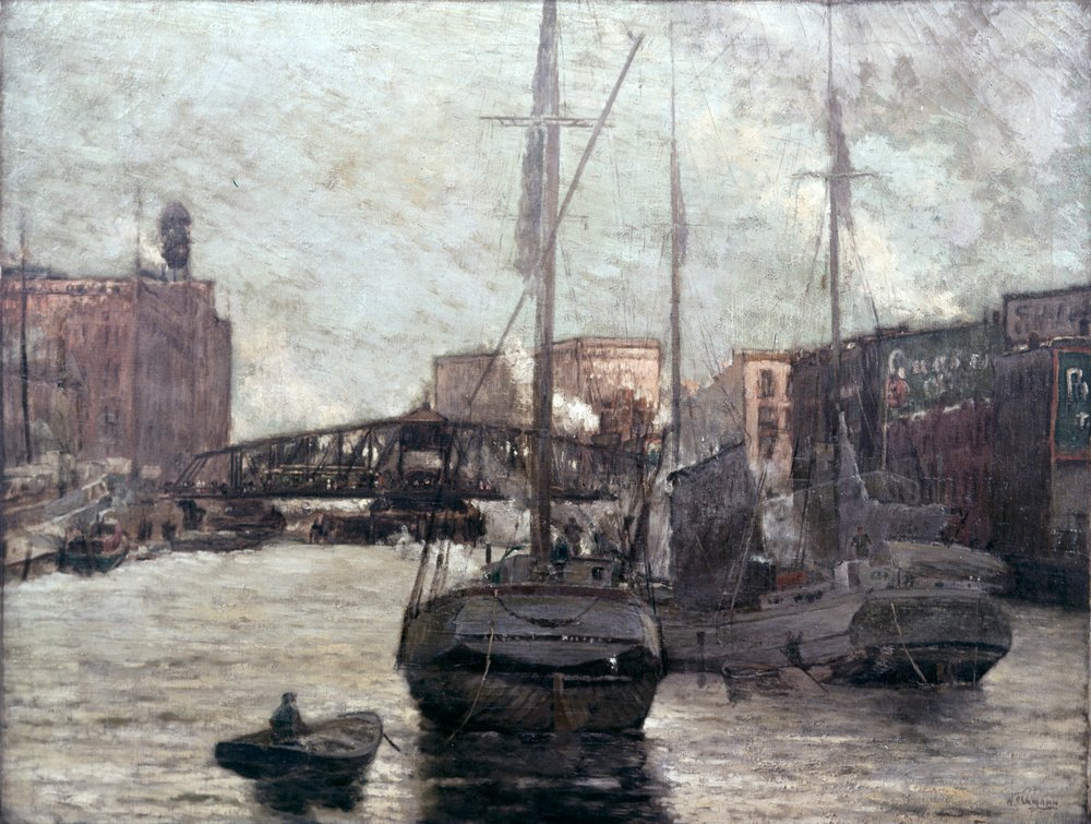 Vue de la rivière Chicago montrant le pont de Clark Street, 1910-12 - William Clusmann