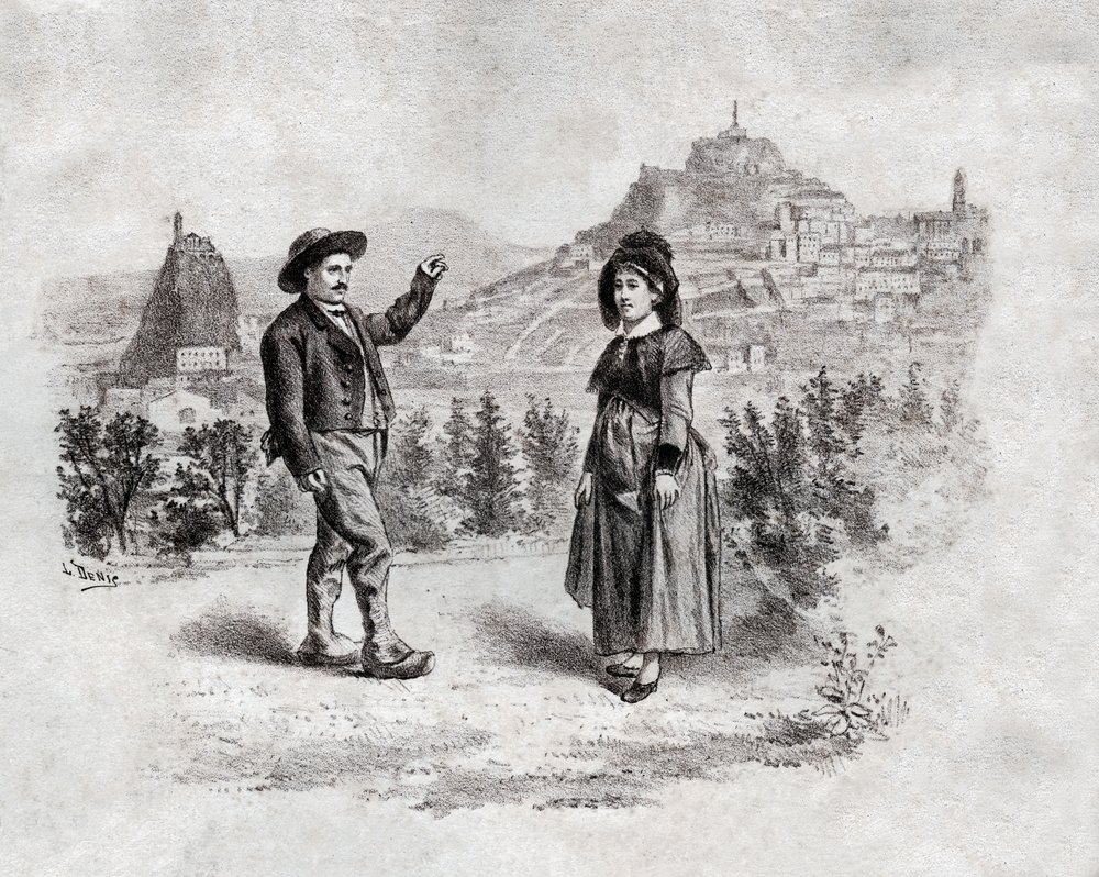 Auvergnats dansant la bourrée au Puy-en-Velay, France. vers 1900 (gravure) - . .