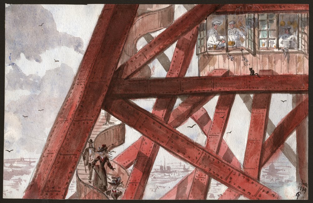 Touristes sur les escaliers de la Tour Eiffel, Paris. Chefs cuisinant dans le restaurant du premier étage. 1889 (Illustration) - . .