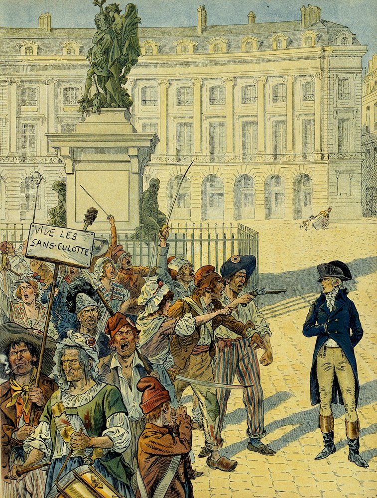 Révolution française 1789 : Napoléon Ier Bonaparte (1769-1821) menacé par la foule des sans-culottes le 10 août 1792 près de la statue de Louis XIV (1638-1715) par Desjardins, avant qu