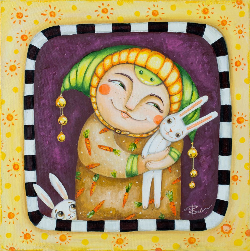 Personnage souriant et lapins - Aleksandra Paranchenko