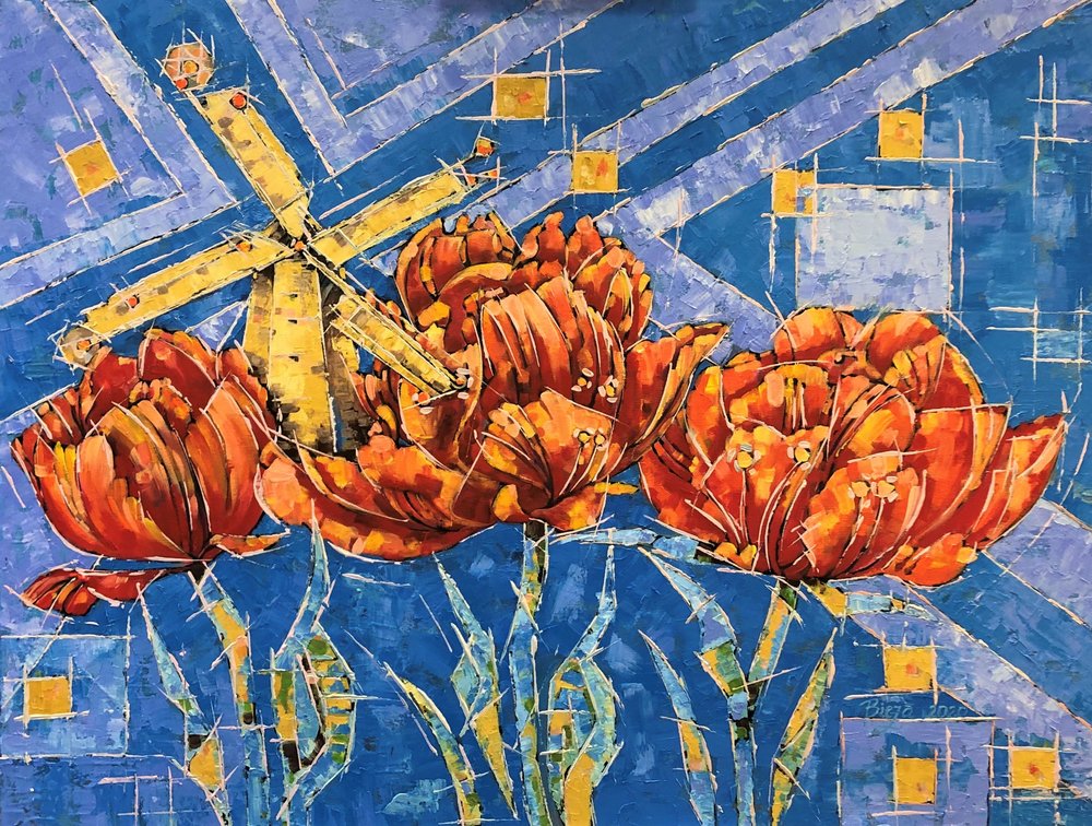 Tulipes éclatantes et moulin à vent - Anda Bieza