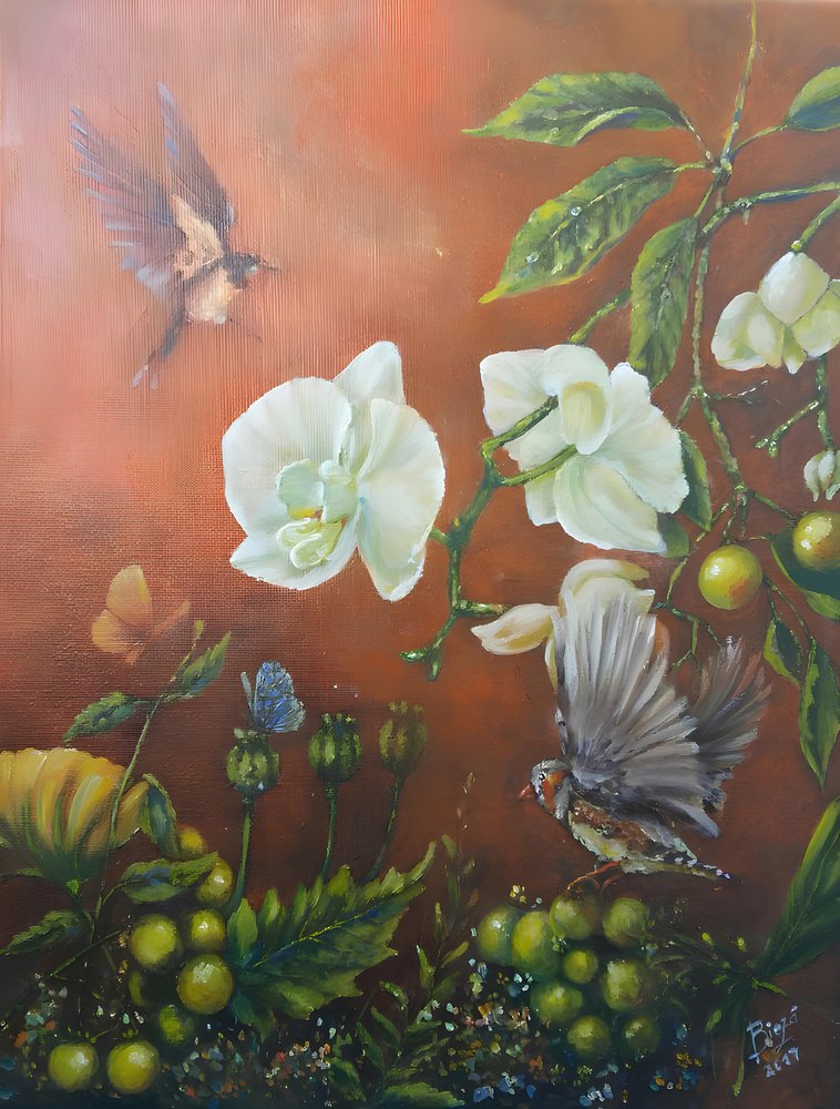 Orchidées blanches et oiseaux - Anda Bieza