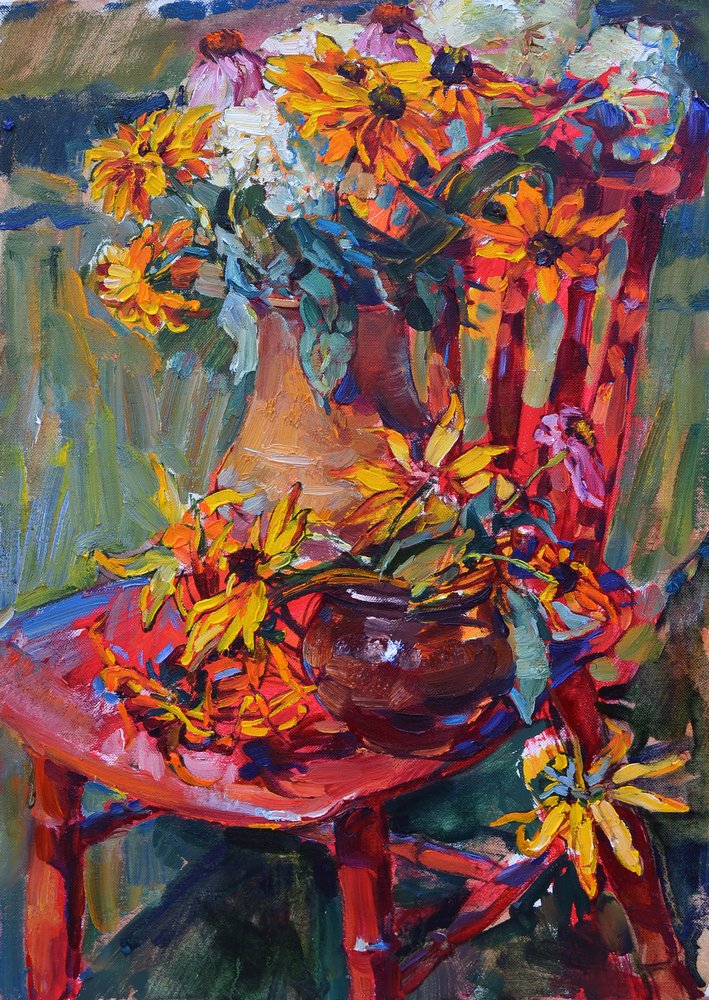 Fleurs jaunes, chaise rouge - Andrii Kutsachenko