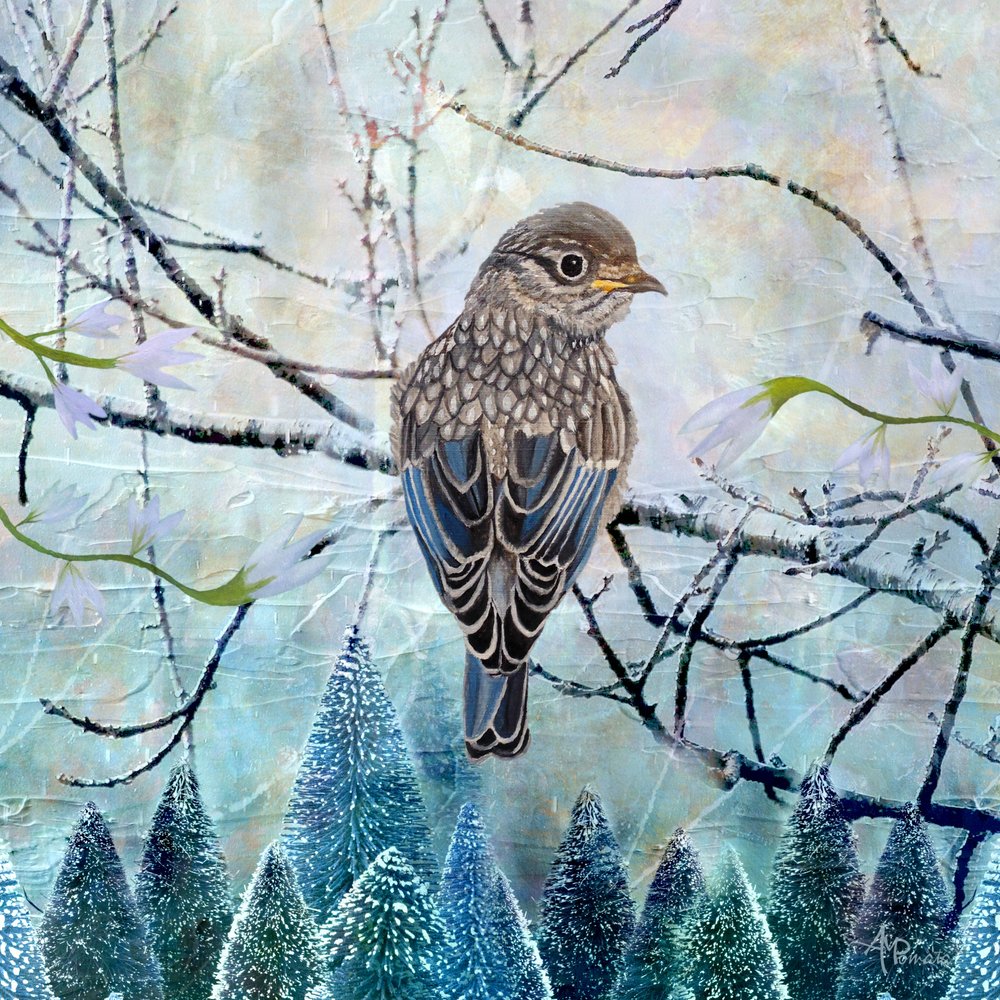 Scène hivernale avec un oiseau bleu - Angeles M. Pomata