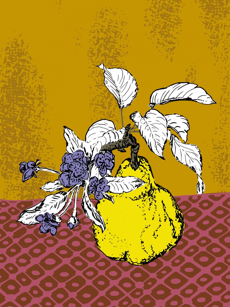 Coings et fleurs violettes - Annick