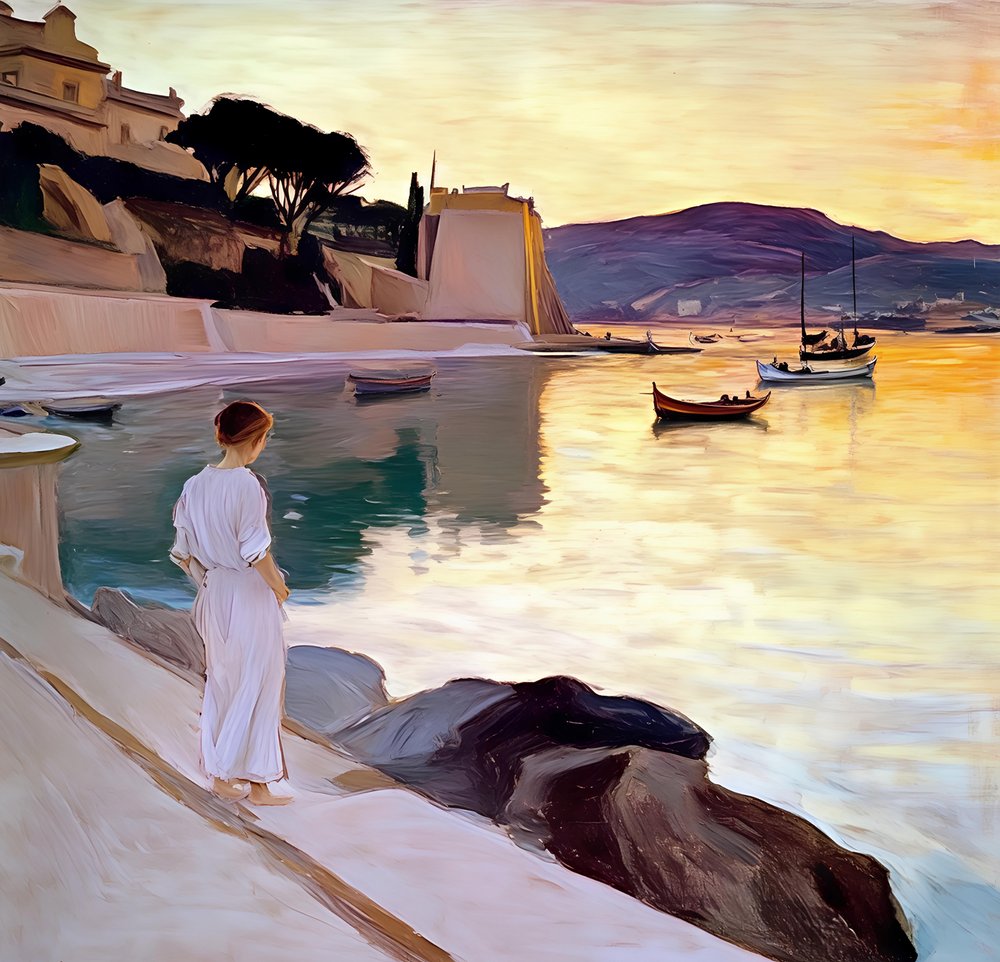 Une femme sur la côte au coucher du soleil - Avanesova Elena