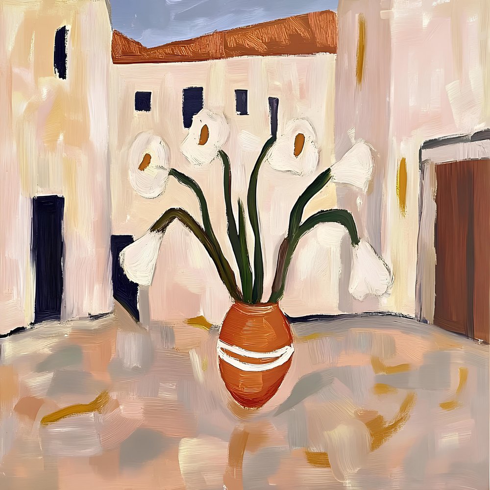 Pot en terre cuite aux fleurs blanches - Avanesova Elena
