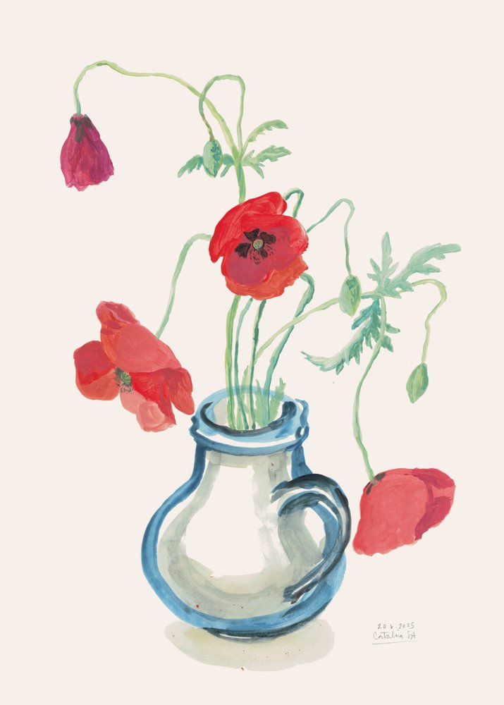Coquelicots rouges dans un vase bleu - Catalina Somolinos