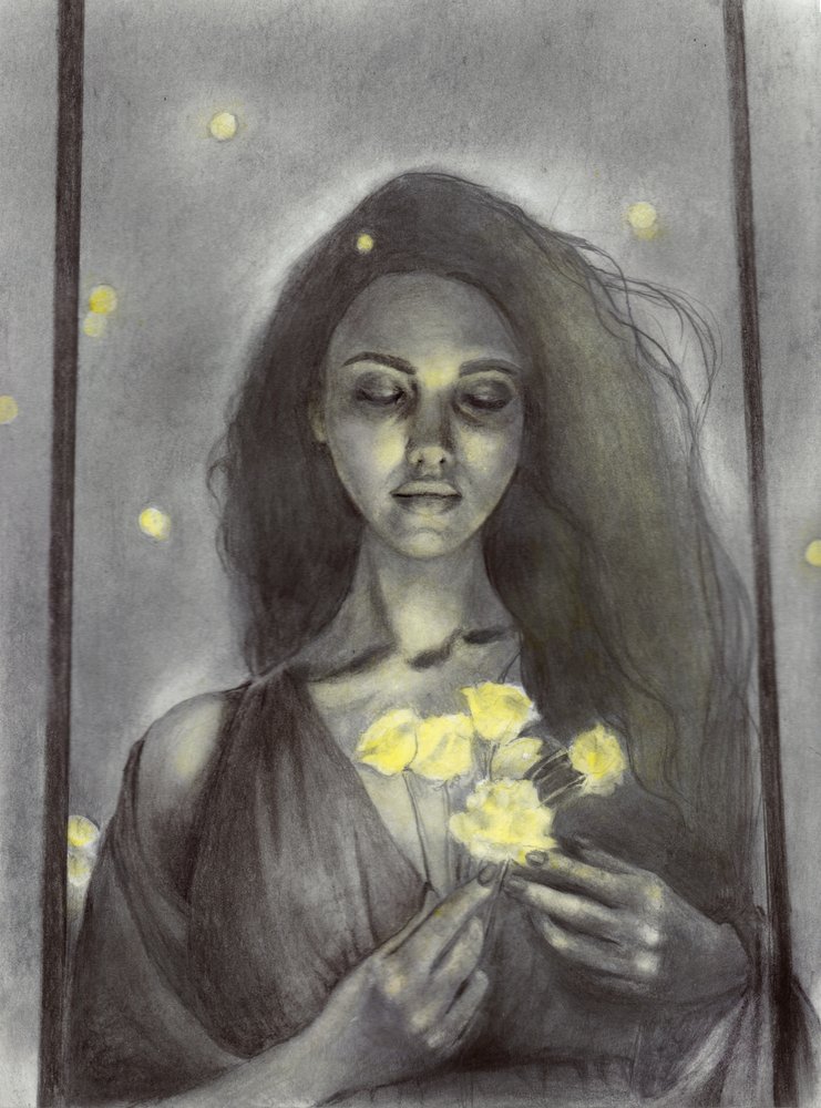 Une femme rêveuse et des fleurs rayonnantes - Christine Lindstrom