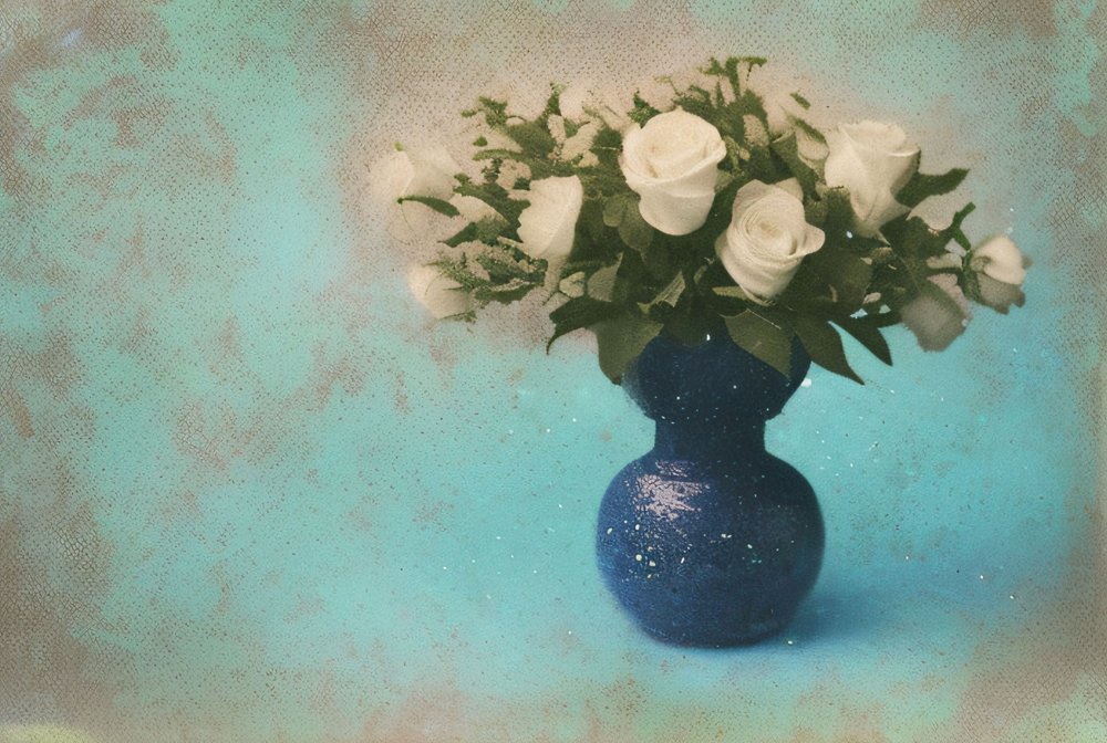 Roses blanches dans un vase bleu - Cicero Spin