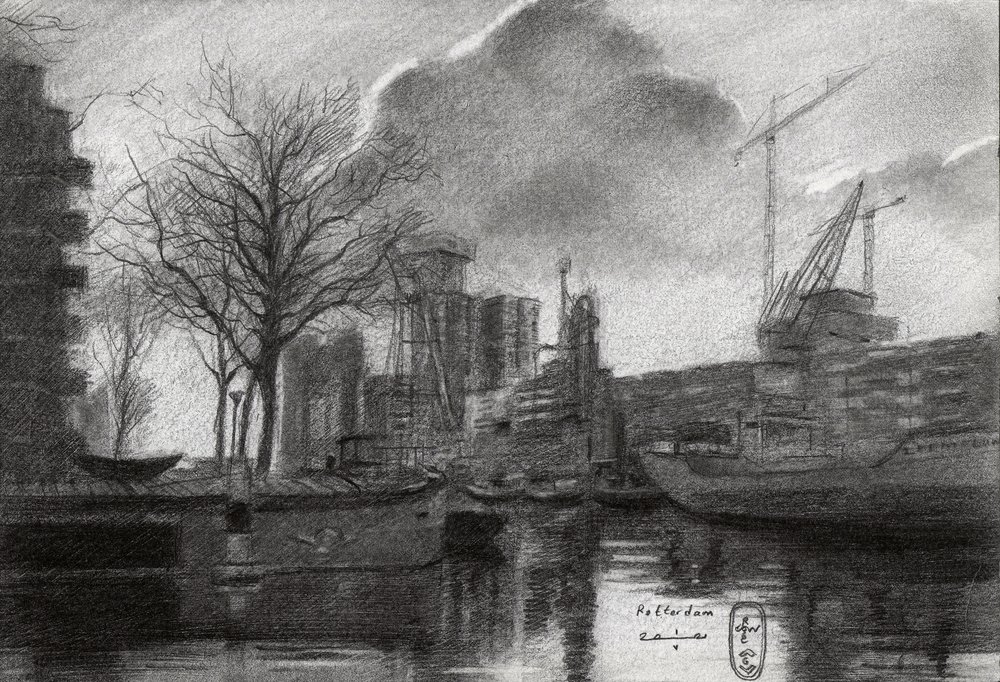 Esquisse du port de Rotterdam en hiver - Corné Akkers