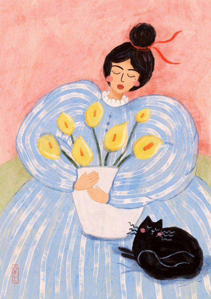 Femme avec des fleurs et un chat - Dirkie Nell