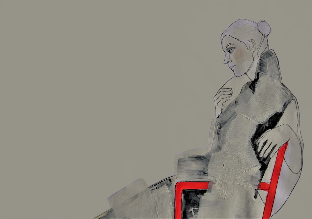 Femme contemplative en rouge - Doris Schmitz