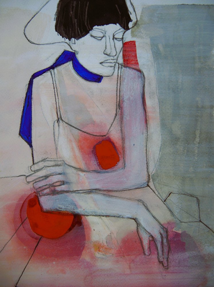 Femme contemplative en rouge - Doris Schmitz