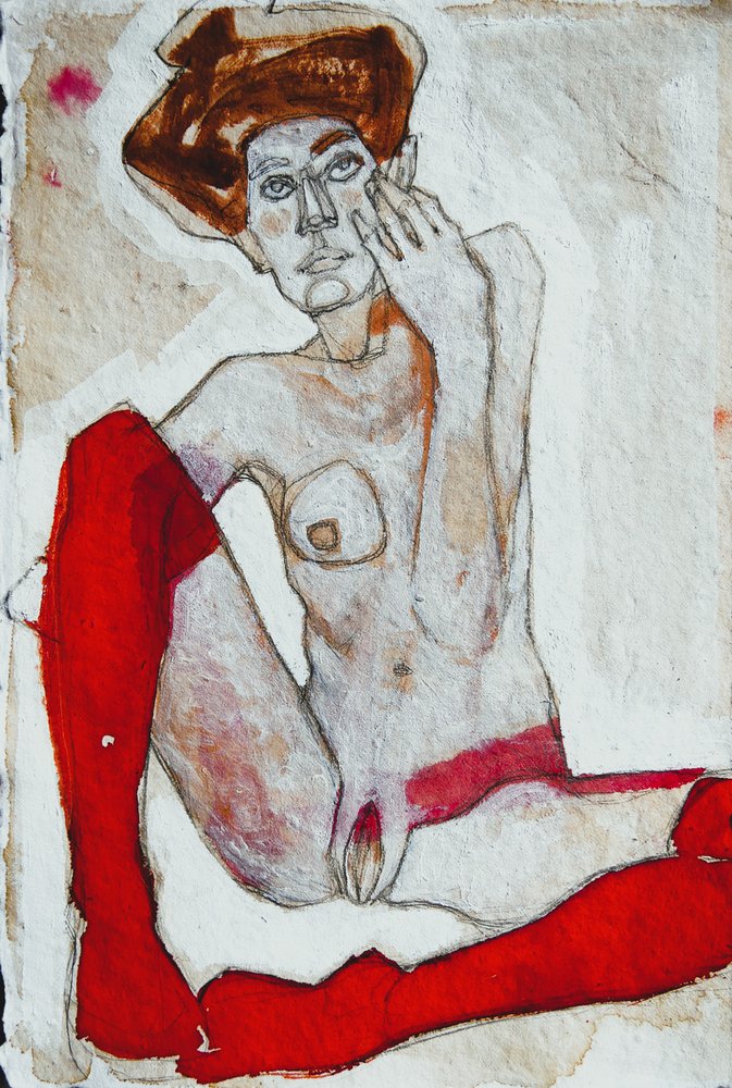 Nu assis, chaussettes rouges - Doris Schmitz