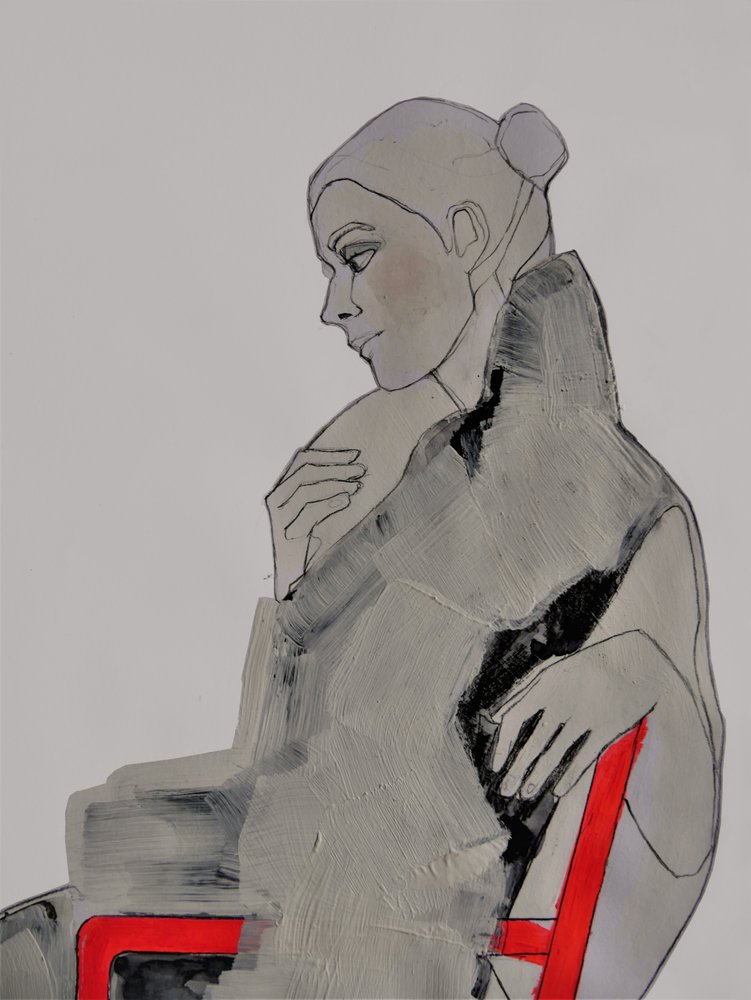 Une femme pensive, chaise rouge - Doris Schmitz
