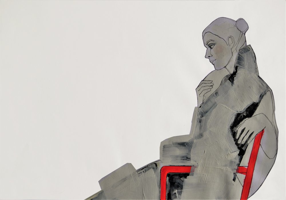 Une femme pensive, chaise rouge - Doris Schmitz