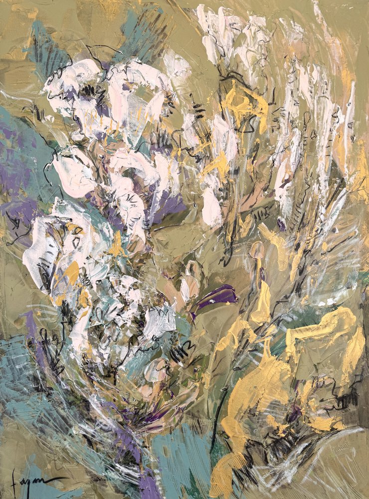 Fleurs vertes et dorées (abstraites) - Dorothy Fagan