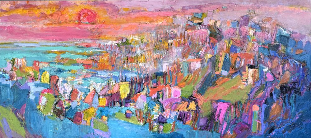 Coucher de soleil sur une ville côtière animée - Dorothy Fagan