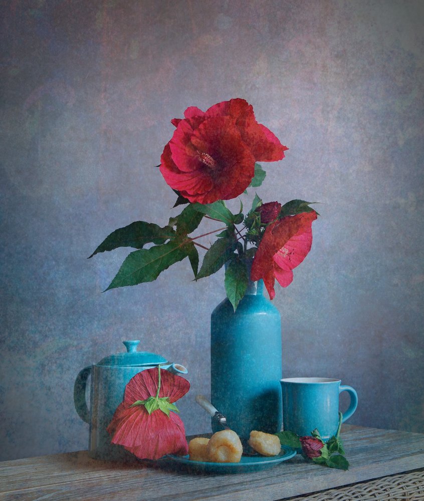 Nature morte aux fleurs rouges et à la turquoise - Fangping Zhou