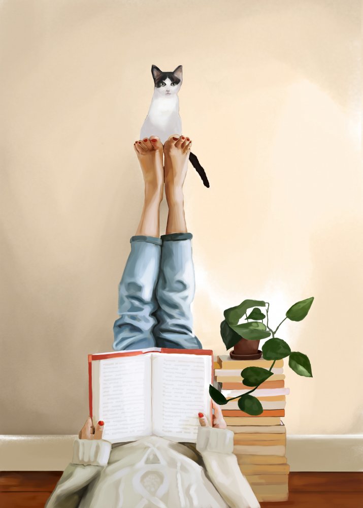Un chat bien au chaud en train de lire - Flow Line