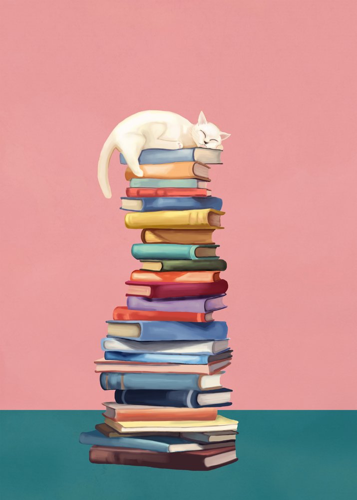 Un chat bien au chaud sur des livres colorés - Flow Line