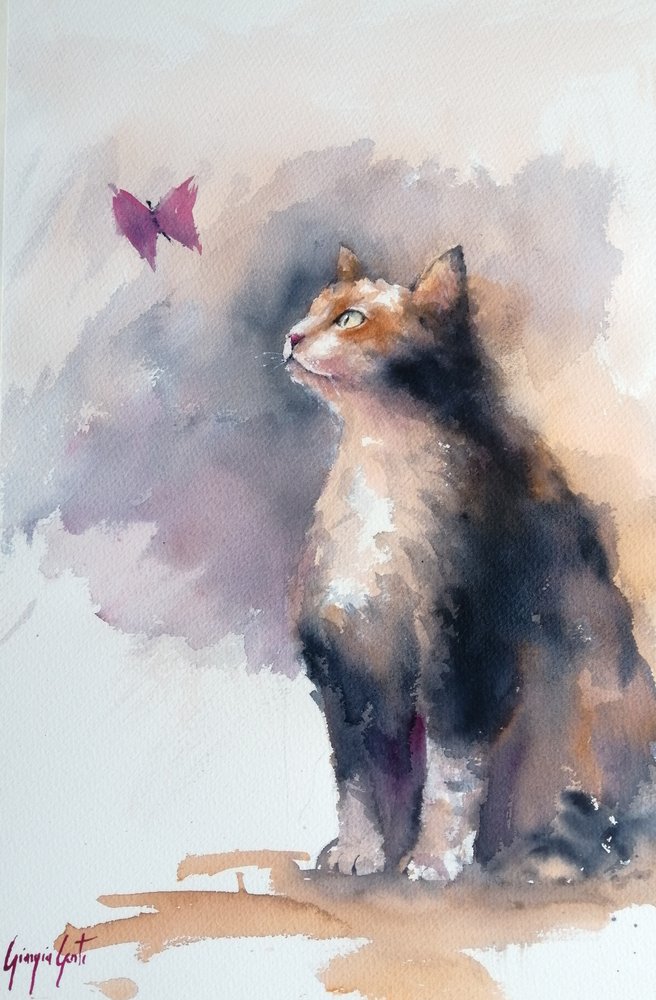 Un chat curieux et un papillon - Giorgio Gosti