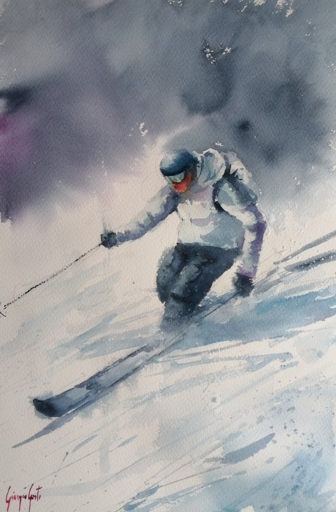 Peinture représentant un skieur de montagne - Giorgio Gosti