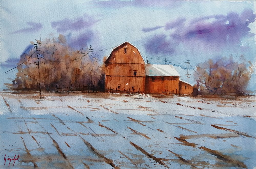 Une grange rouge sous la neige - Giorgio Gosti