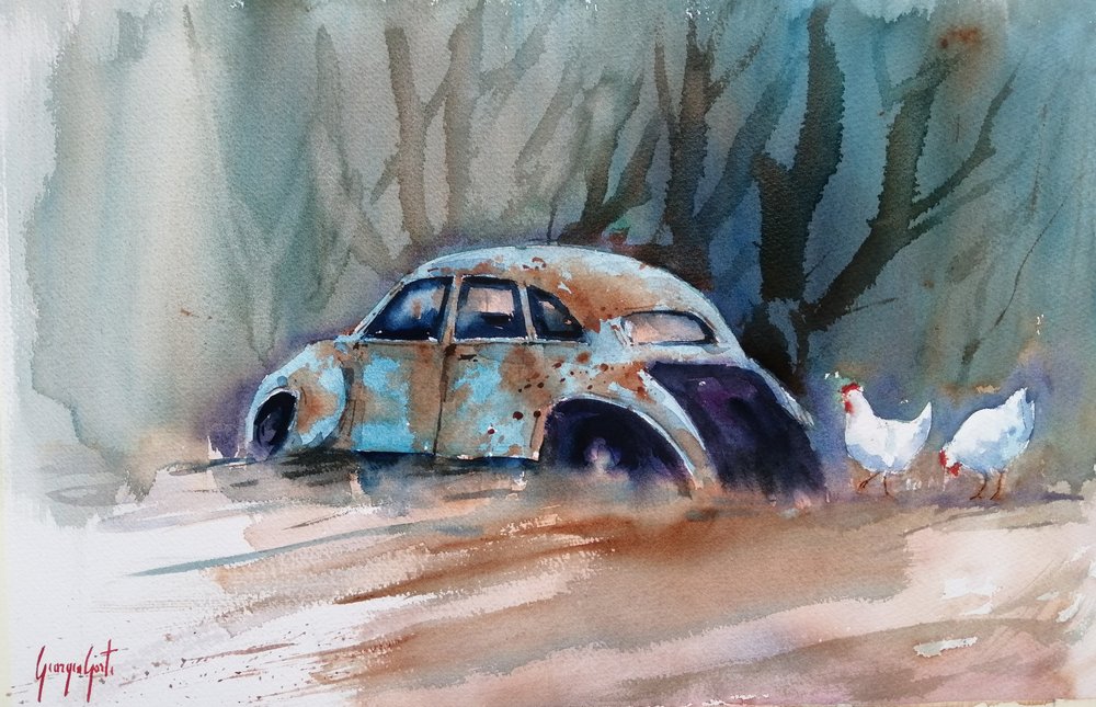 Une voiture rustique et des poules - Giorgio Gosti