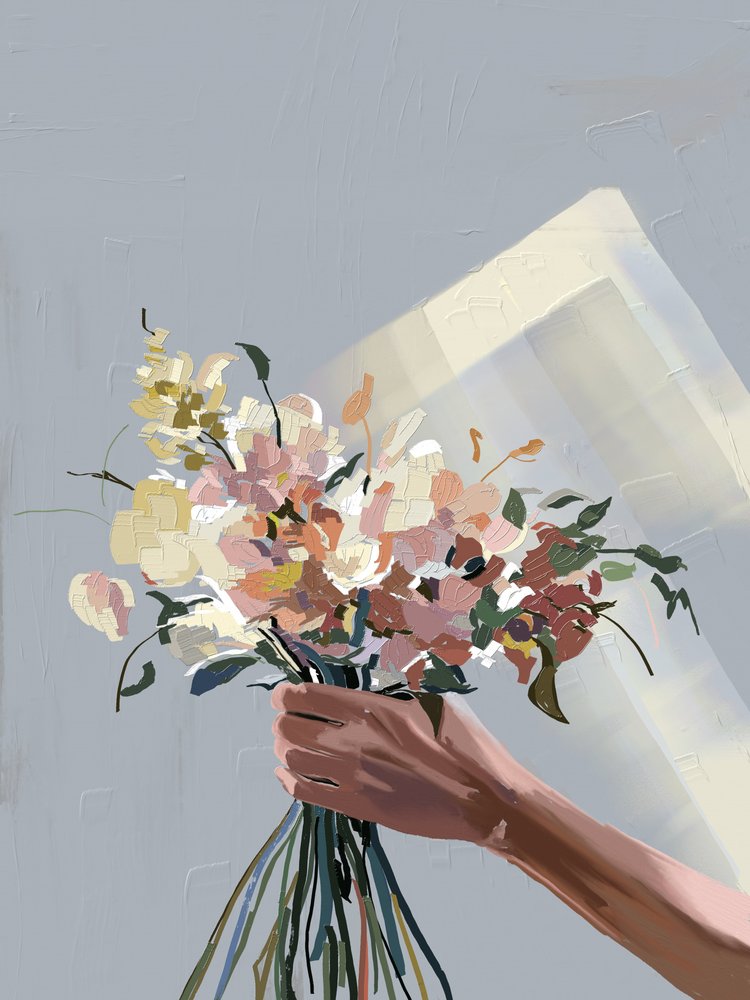 Une main tenant des fleurs au pastel - Jenna Alheit
