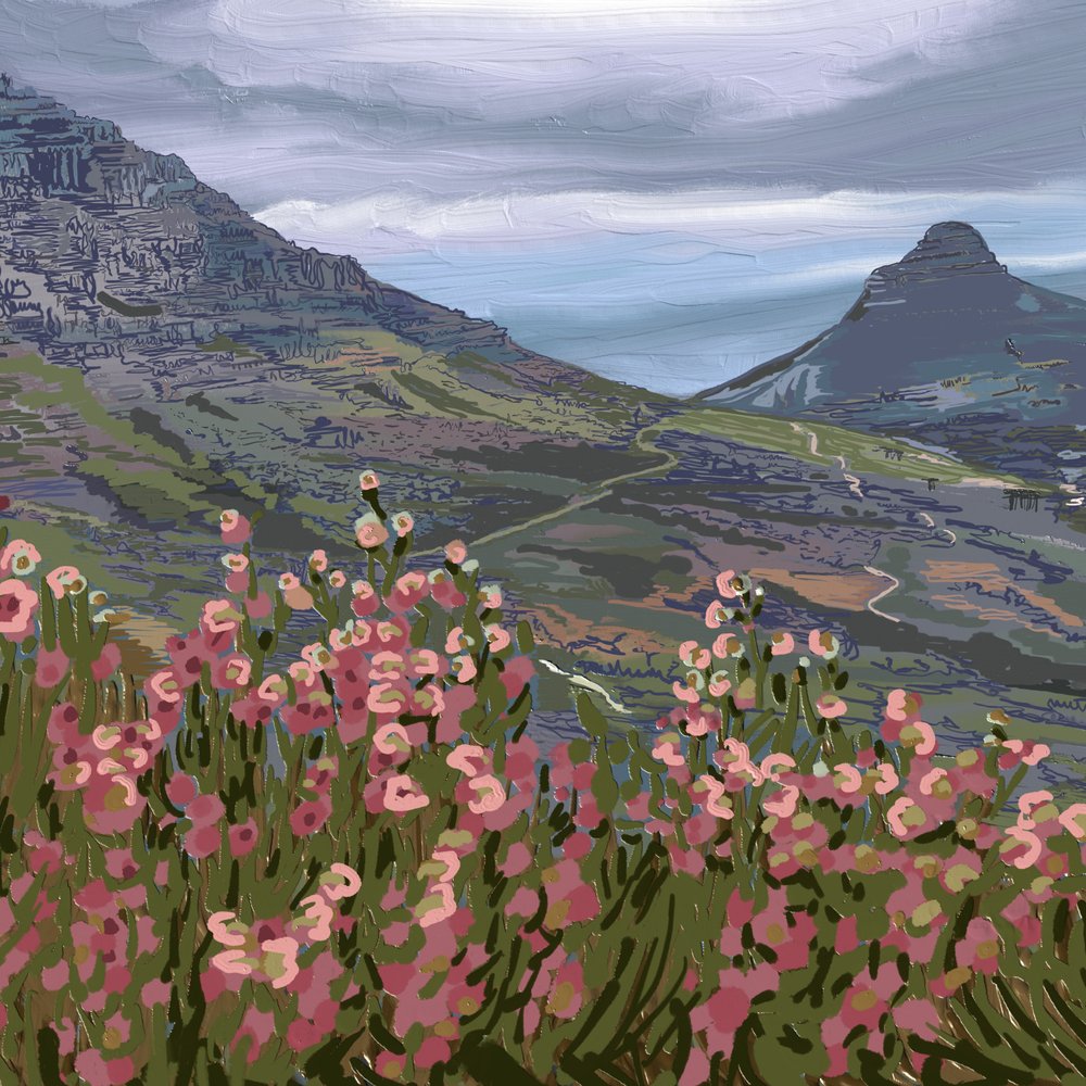 Vue sur la montagne et ses fleurs roses - Jenna Alheit