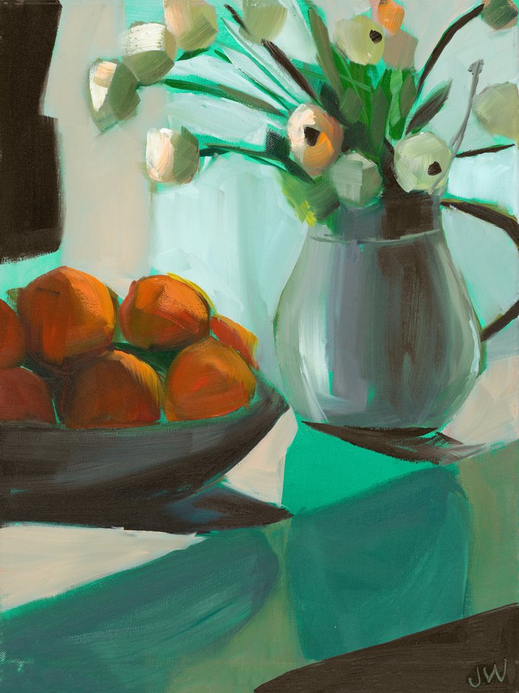 Oranges et renoncules blanches - Jenny Westenhofer