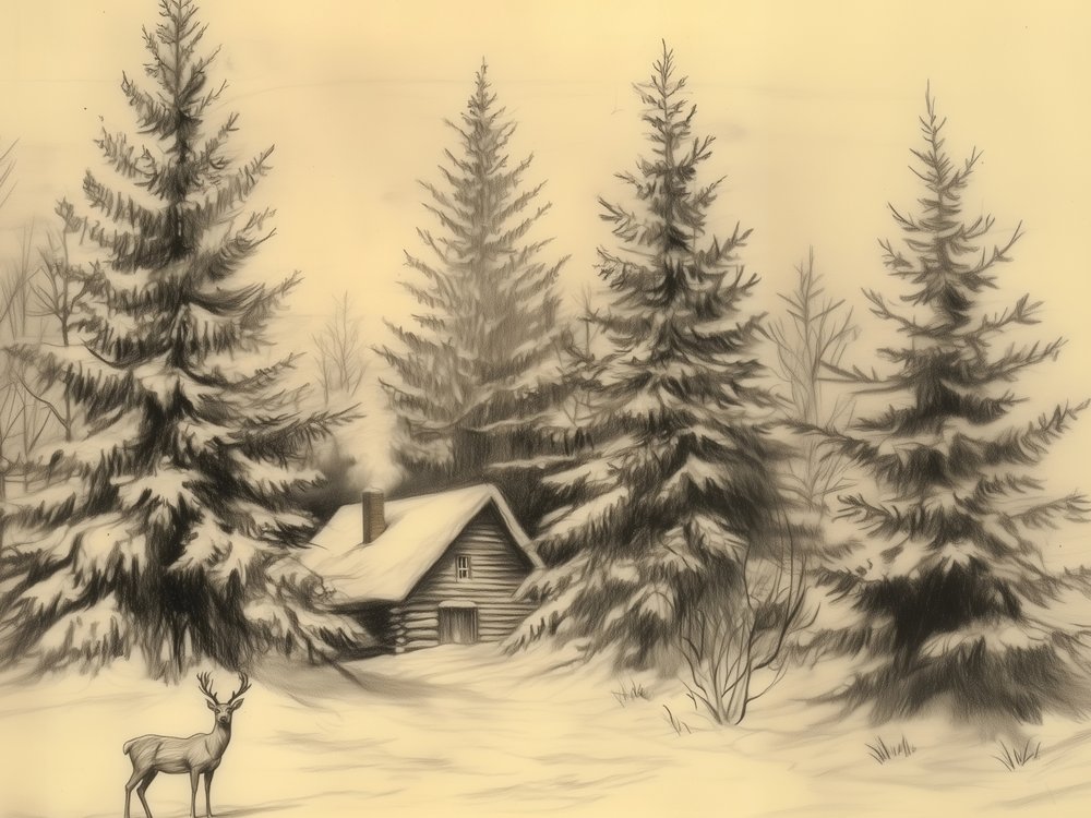 Une cabane paisible en hiver avec des cerfs - Jolly and Dash