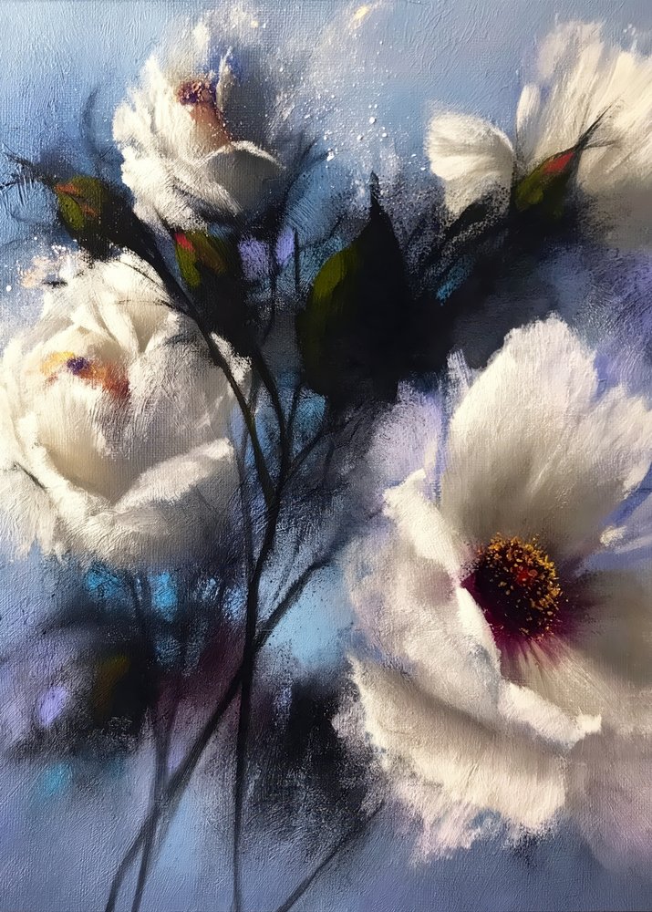 Fleurs blanches sur fond bleu - Justyna Jaszke