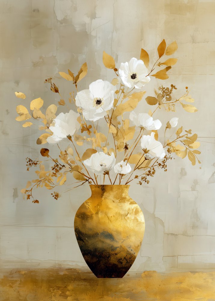 Fleurs blanches dans un vase doré - Justyna Jaszke