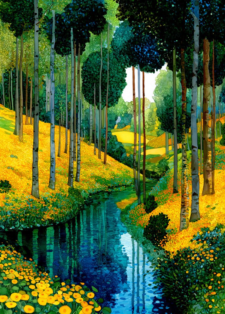 Ruisseau de la forêt aux fleurs jaunes - Justyna Jaszke