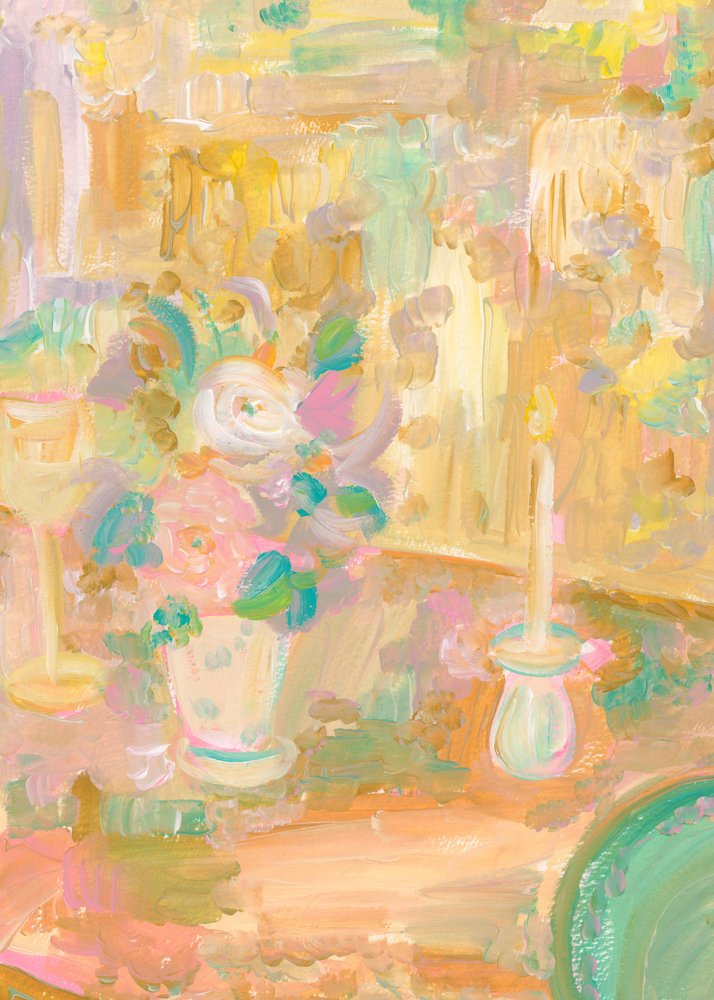 Peinture impressionniste représentant des fleurs et une bougie - Katharina Puritscher