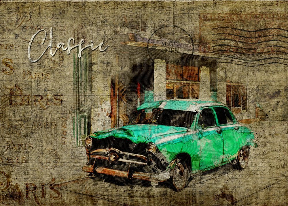 Une voiture parisienne verte classique - Lembayung senja studio [Vintage Poster]