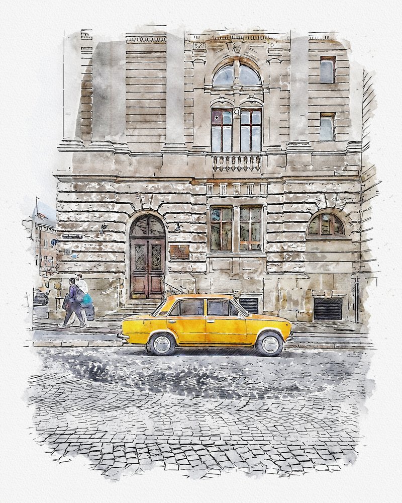 Rue des voitures jaunes classiques - Lembayung senja studio [Vintage Poster]