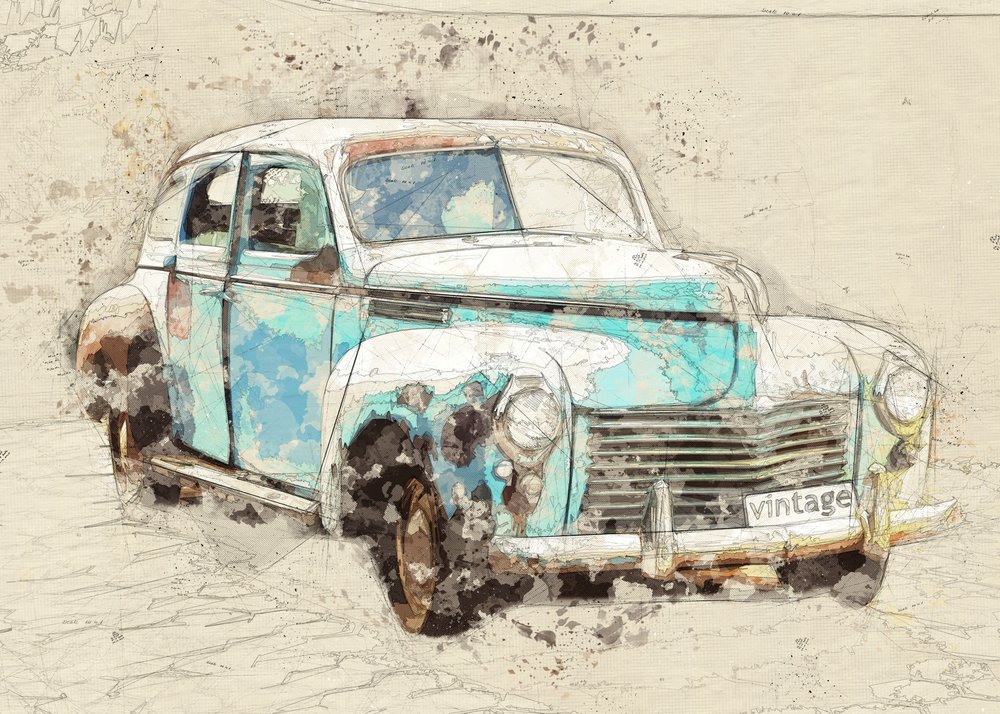 Voiture vintage bleue au style rustique - Lembayung senja studio [Vintage Poster]