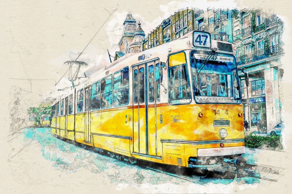 Tramway urbain - Aquarelle - Lembayung senja studio [Vintage Poster]