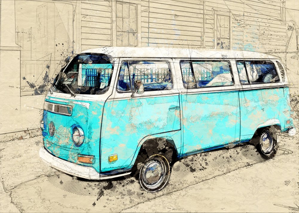 Camper bleu vintage - Lembayung senja studio [Vintage Poster]
