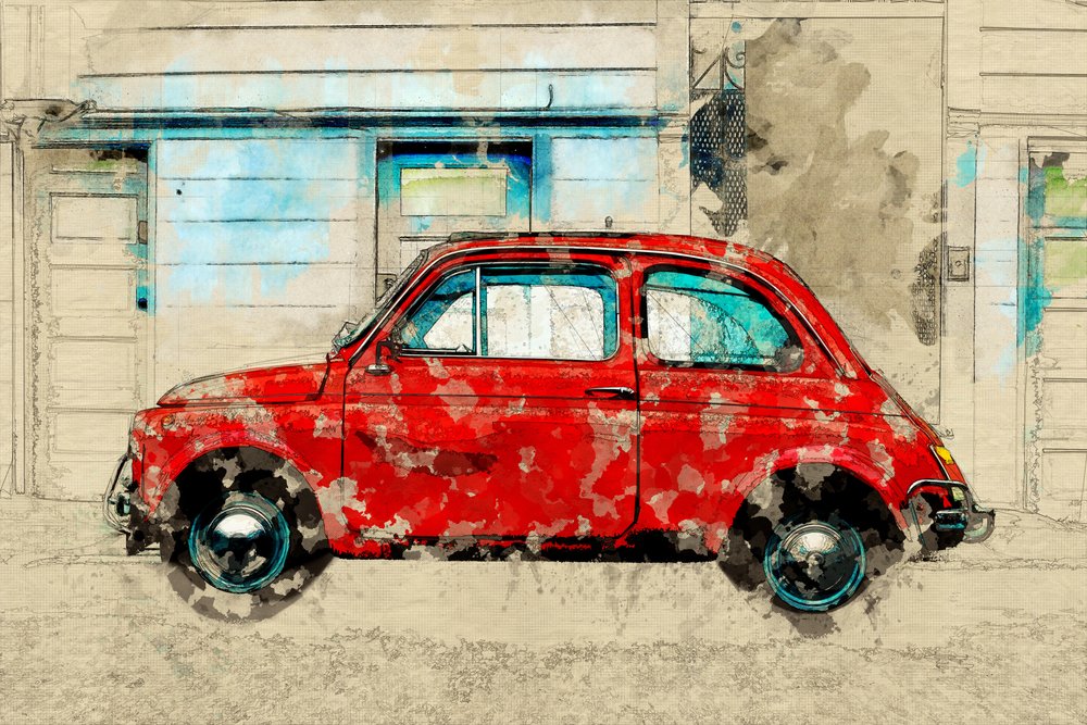 Rue des voitures rouges vintage - Lembayung senja studio [Vintage Poster]